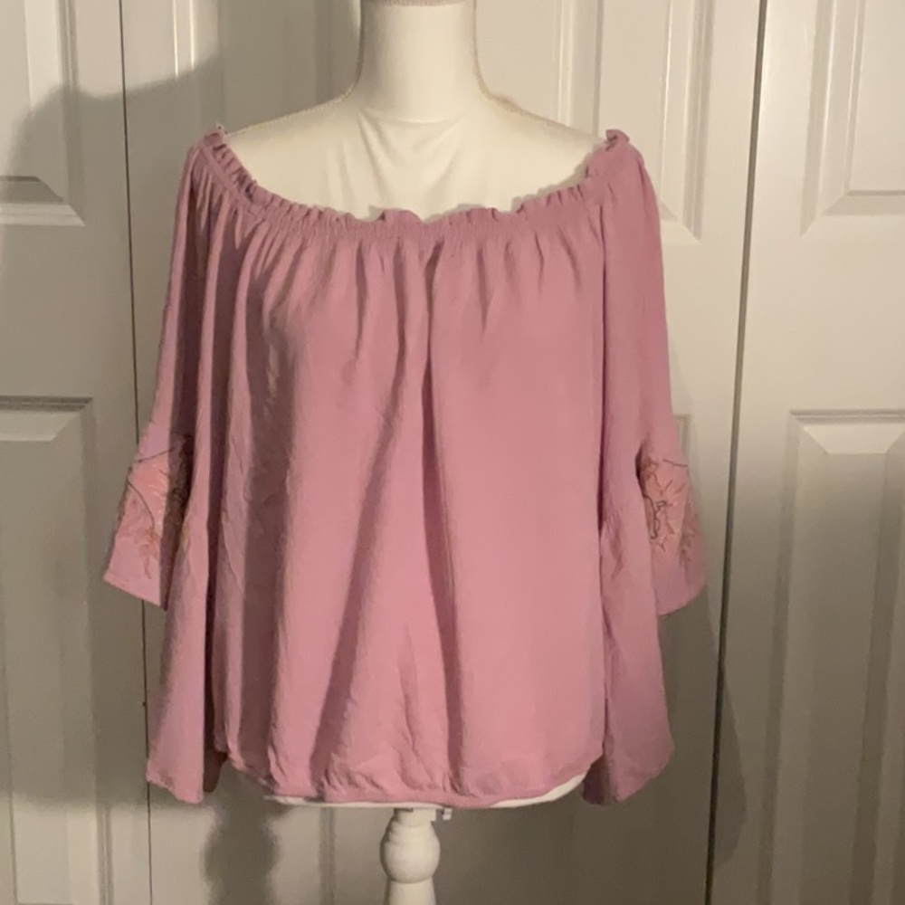 New York & Company Mauve  Off the Shoulder Ruffled Blouse